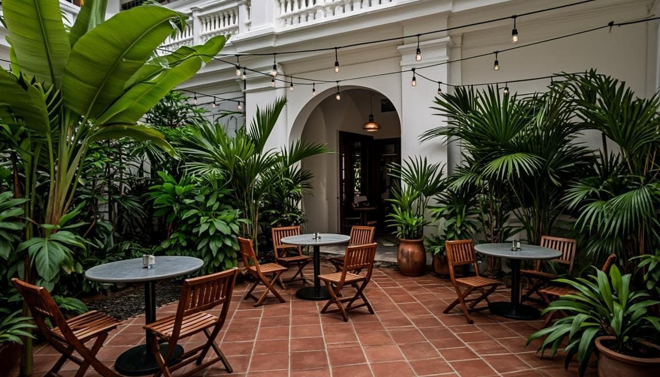 Concept: compact café courtyard with clay brick paving, raised planters and warm evening lighting