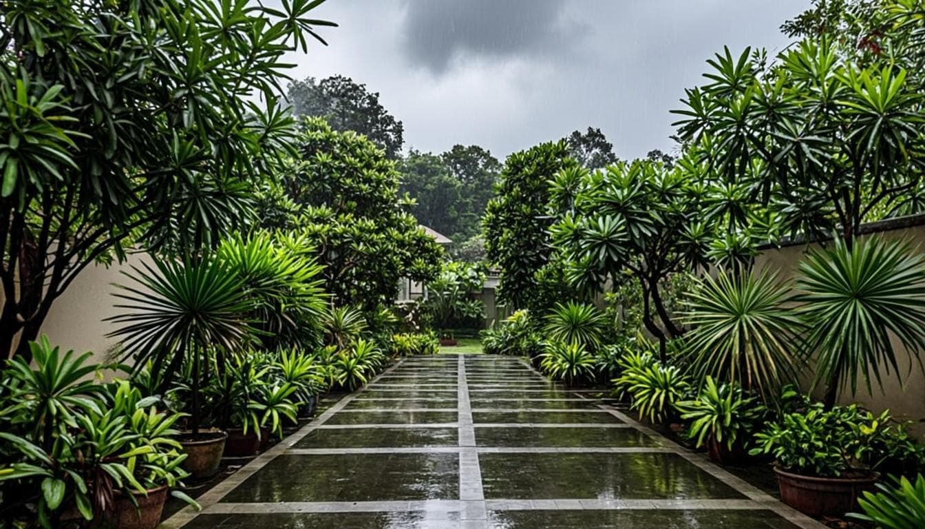 Concept imagery: heavy tropical monsoon rain falling across dense garden foliage and wet stone
