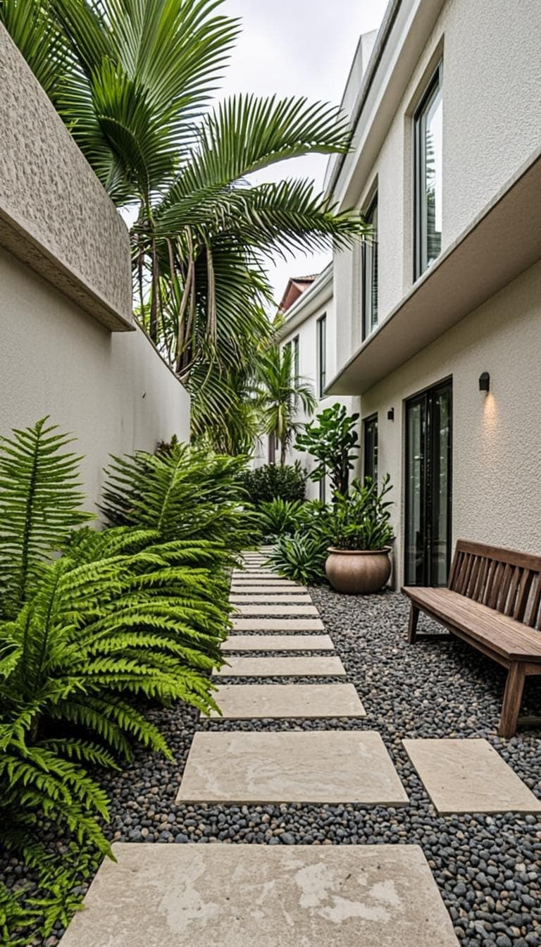 Concept: shaded tropical courtyard garden with limestone stepping slabs, dark gravel and layered foliage