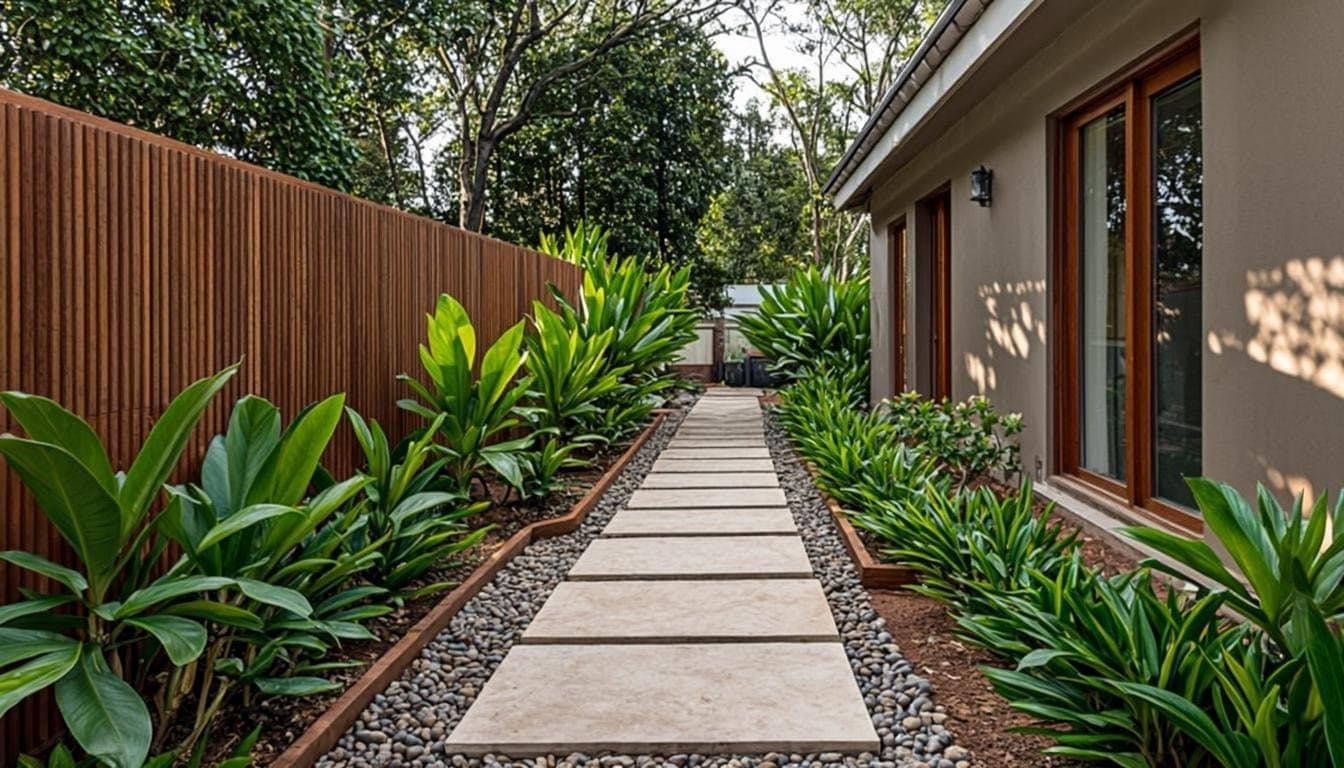 Concept: narrow side garden with washed stone path, planting beds and timber slat screen