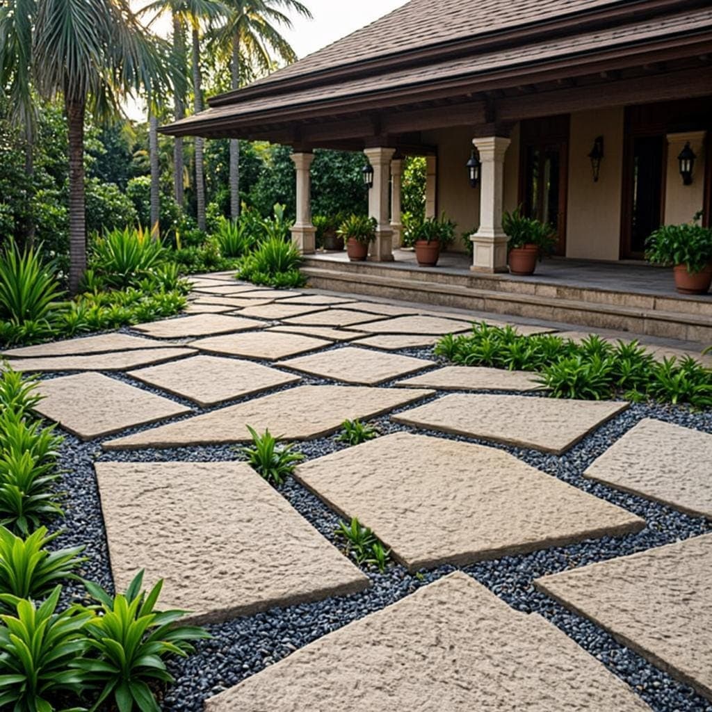 Detail concept: limestone stepping stones set in dark gravel with low green groundcover