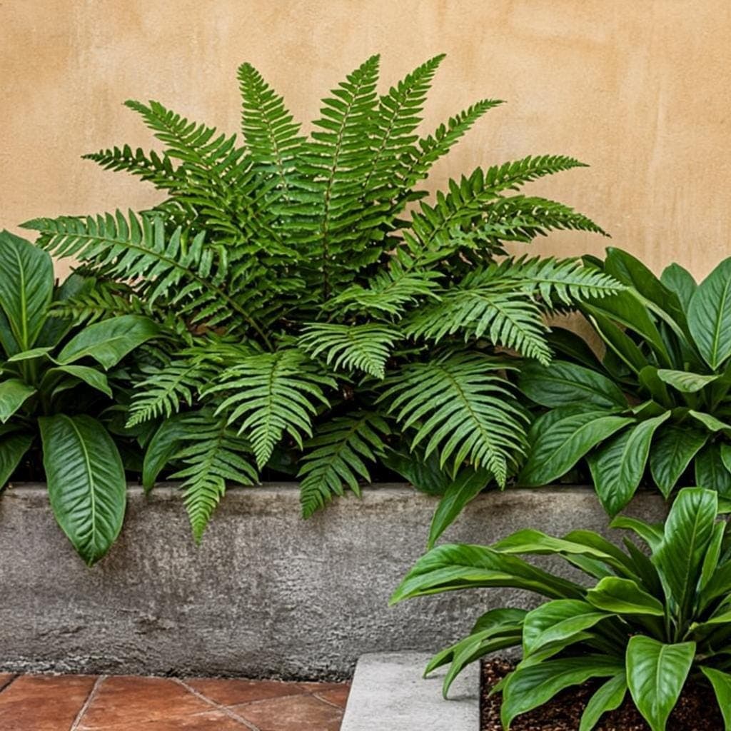 Detail concept: layered tropical foliage against a lime-washed courtyard wall