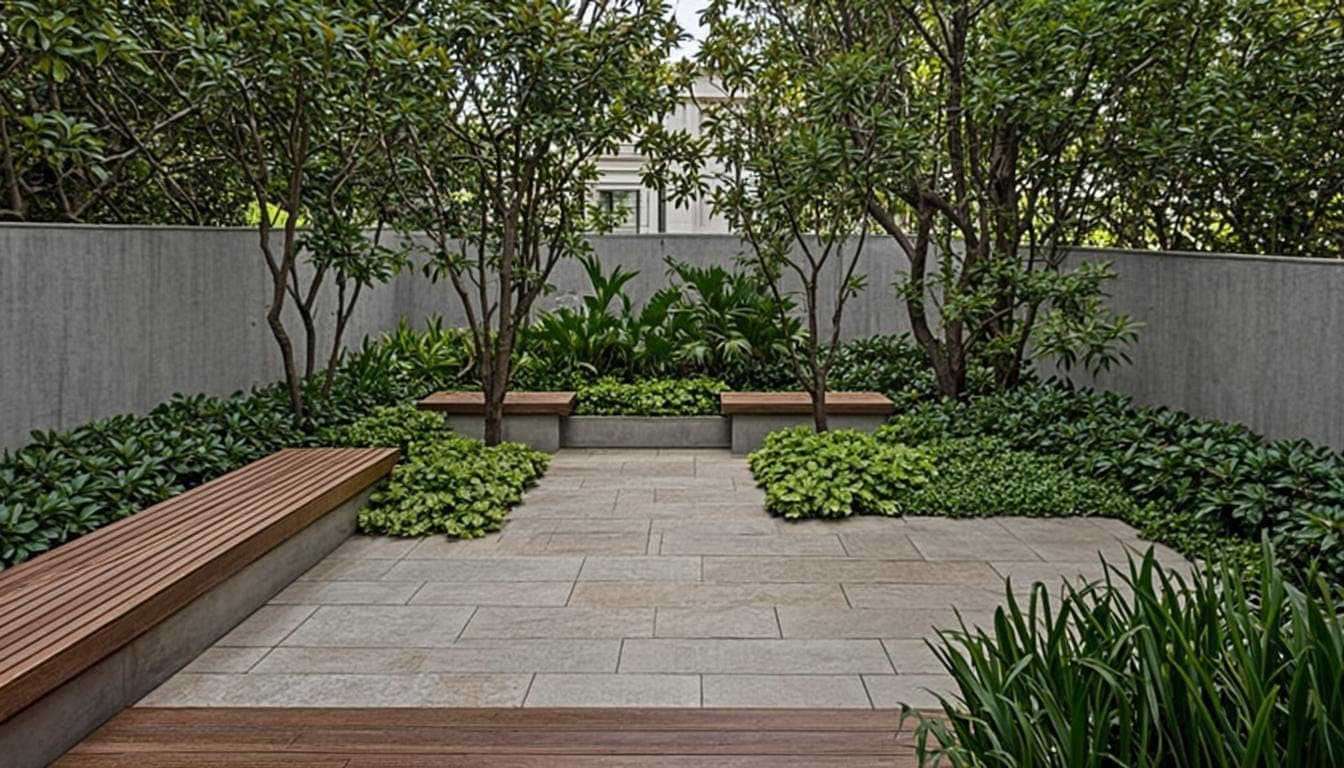 Concept courtyard of a Malaysian terrace home with limestone paving, timber deck and layered planting